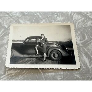 Vintage 1940s Snap Photo Woman Posing with Classic Car Scalloped Edge 4.5x3.25